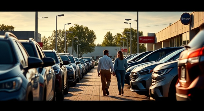 Enticing dealership offers, interested buyers, walking between cars, photorealistic, open-air lot, highly detailed, dynamic shadows, vivid hues, morning sunlight, shot with a 35mm lens.