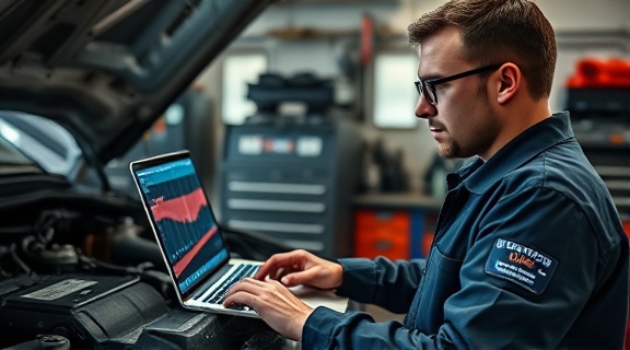 mechanic, vigilant, diagnosing engine problem using laptop, photorealistic, garage workshop filled with diagnostic tools, highly detailed, screen reflections, digital clarity, blended colors, soft LED lighting, shot with a 35mm lens